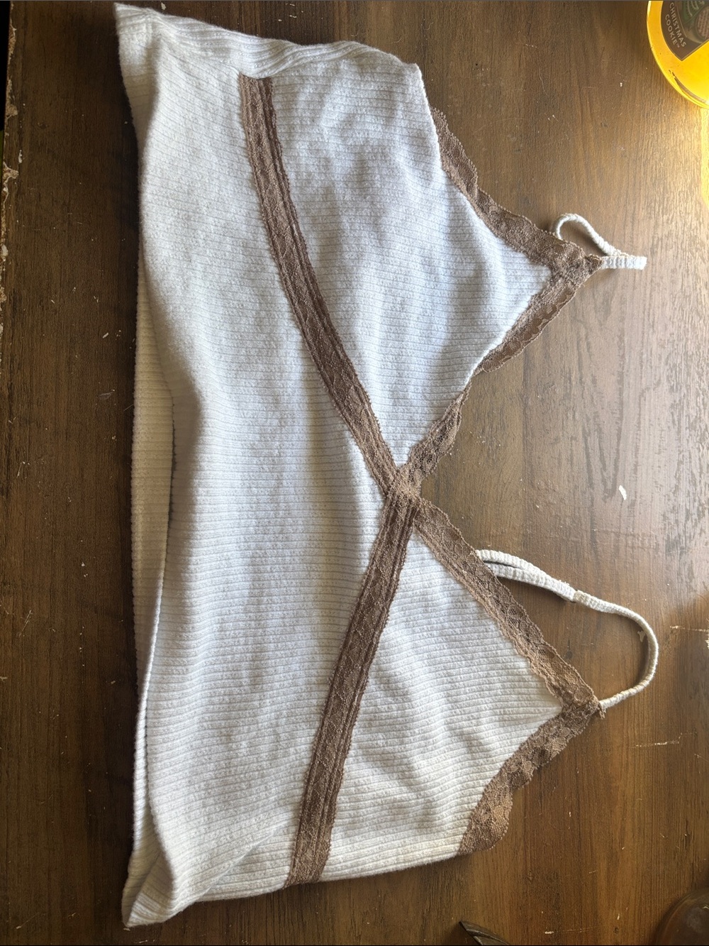 Aeropostale White Crop Bralette with Brown Lace Trim